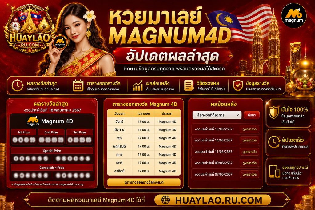 หวยมาเลย์Magnum4d อัปเดตผลล่าสุด ติดตามข้อมูลครบทุกงวด พร้อมตรวจผลได้สะดวก